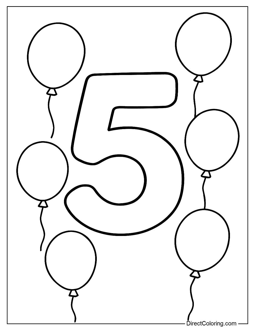 Coloring page number 5 with five free-flying balloons